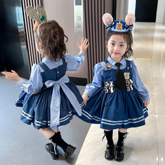 2024 Spring New Girls' Rabbit Police Officer Suit Navy Blue College Style Harness Frilled Dress Girls' Spring Outfit
