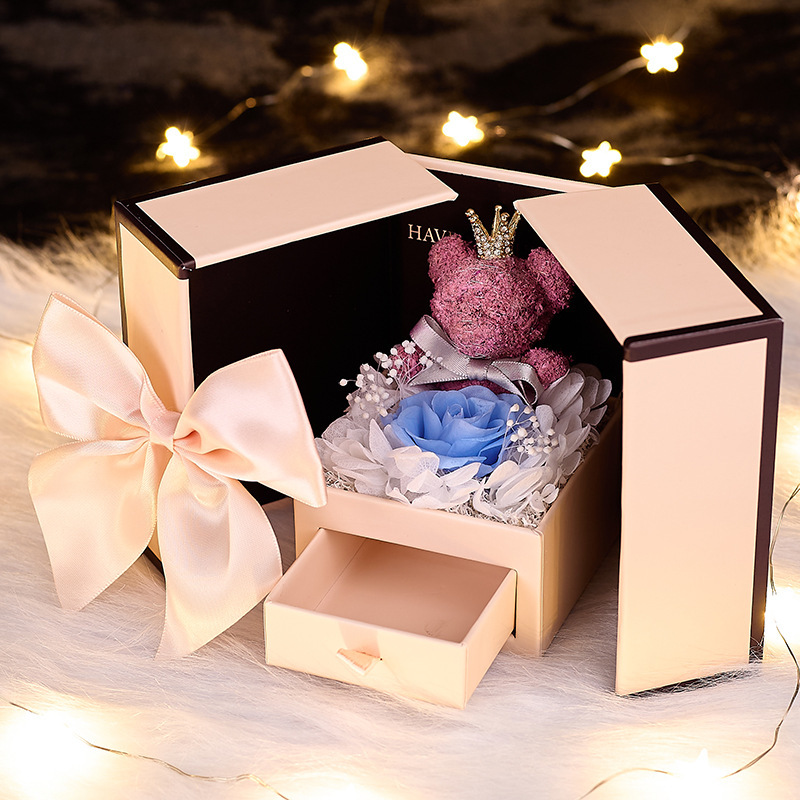 Regalo del día de la madre Caja de rosas de oso de doble puerta Joyero del día de San Valentín Collar transfronterizo Caja de regalo de flores inmortales