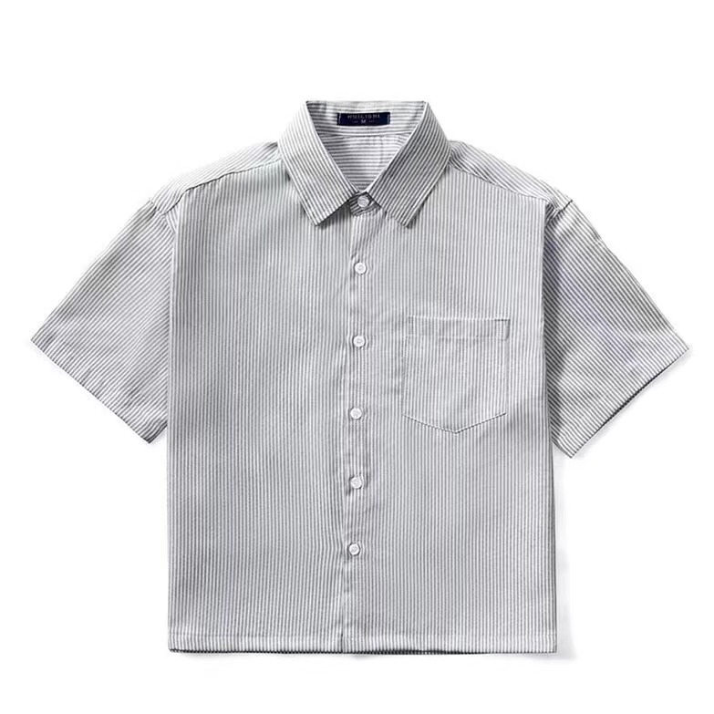 Commercio estero transfrontaliero europeo americano e camicie da donna camicia corta a righe blu estiva camicia da uomo a mezza manica_voghion.com