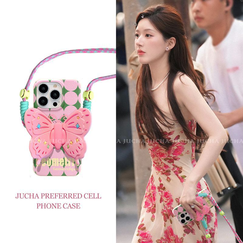 Anti-drop Phone Case with Bracket for Apple 16Pro iPhone15 Case 14 Women's Pink Dot Doll