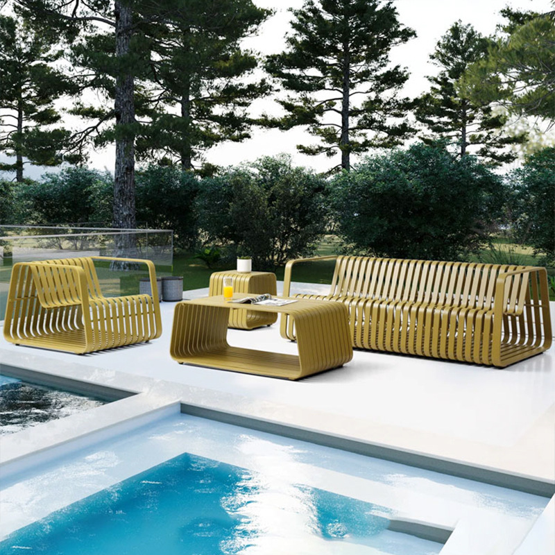 Sofá de aleación de aluminio combinación de mesa de té impermeable solar patio jardín al aire libre hotel piscina al aire libre muebles de acero inoxidable
