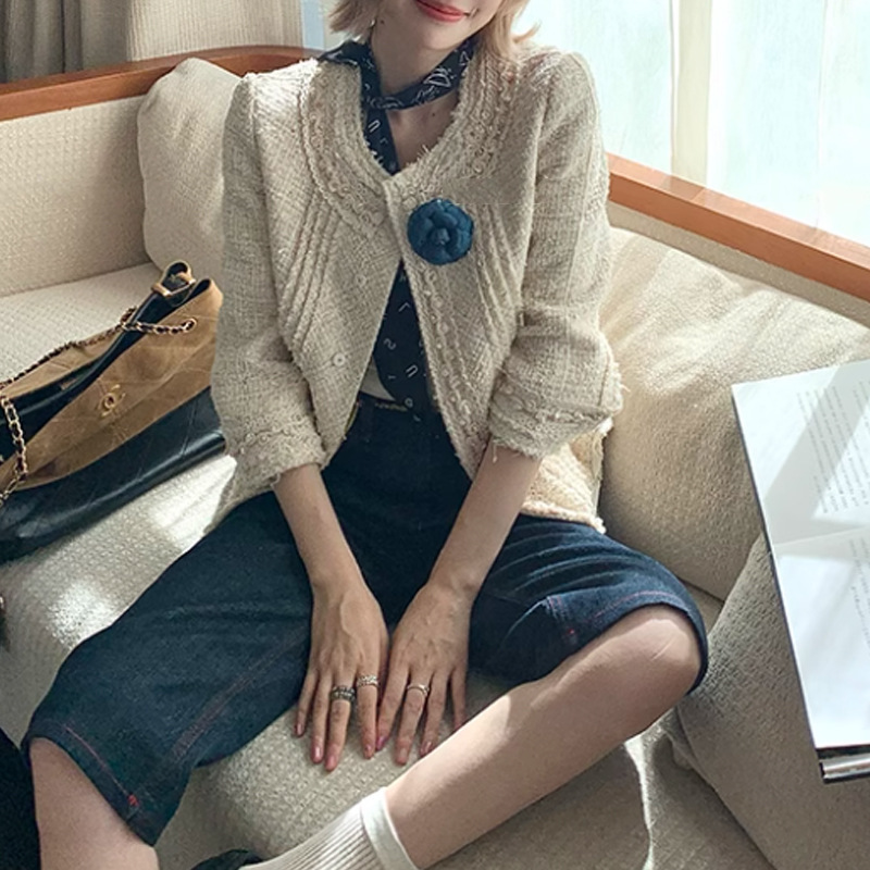 2025新款粗花呢小香风外套女秋季高级感圆领小个子复古短款上衣女|undefined