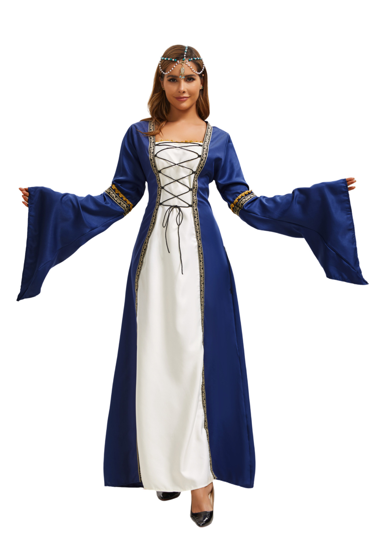 Robe longue de style européen et américain 2025, col carré, manches évasées, style gothique rétro, vêtements pour femmes, robe de cour médiévale_voghion.com
