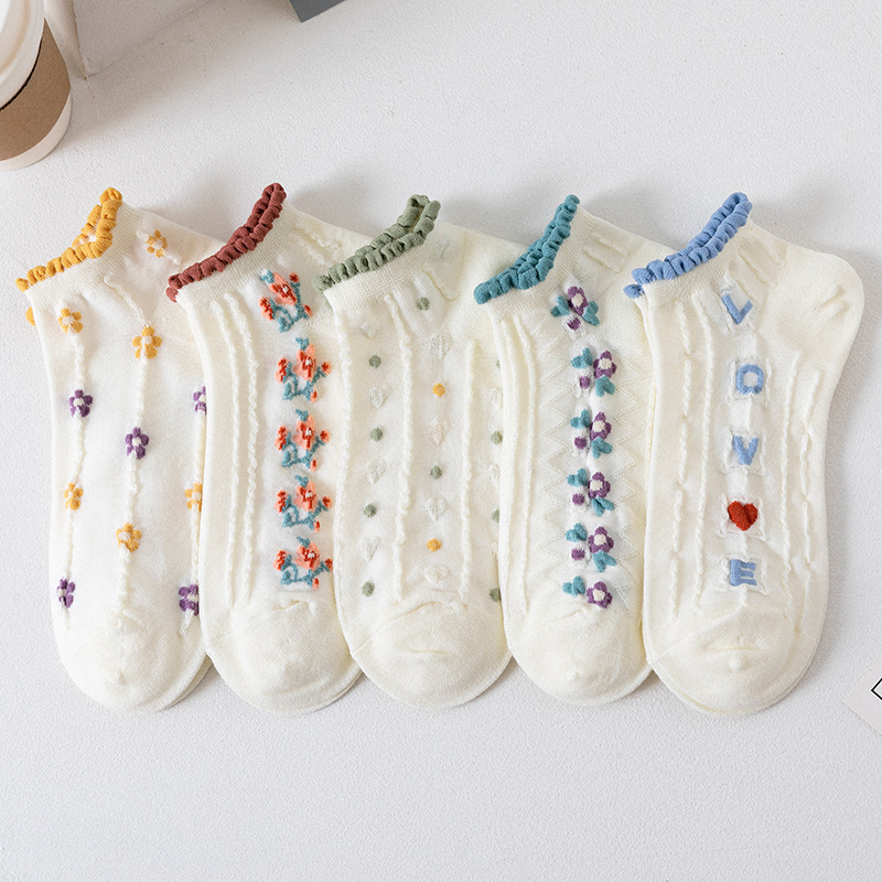 Calcetines de verano, calcetines de mujer, boca fina, encaje lindo, dulce estudiante, corte bajo, calcetines de barco florales pequeños de primavera, marea femenina