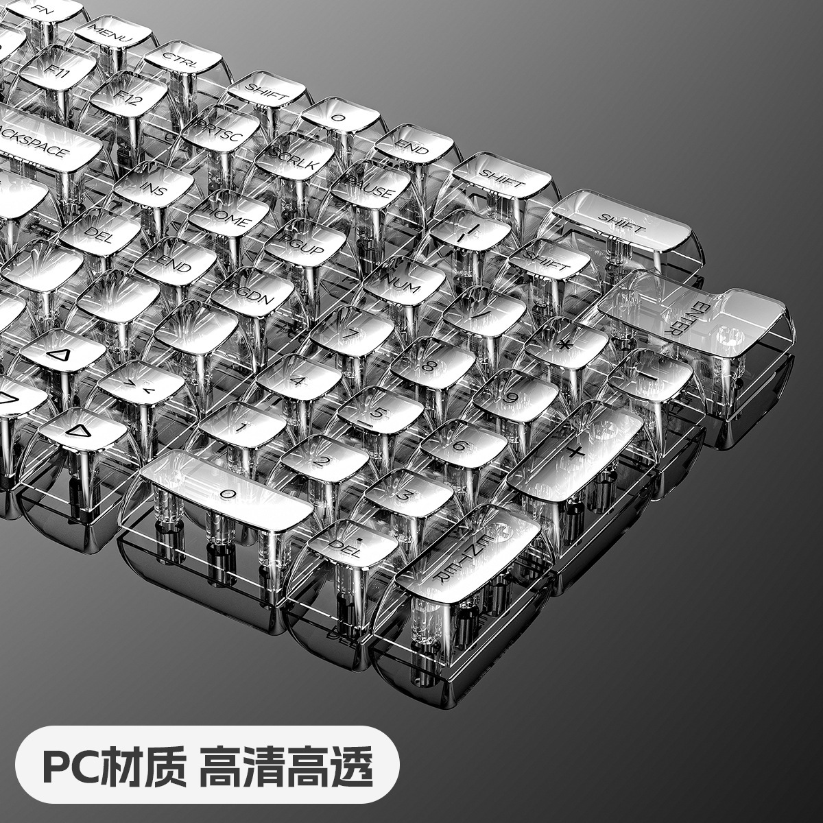 Plata tallada personalizada tapa de tecla transparente 132 teclas PC teclado mecánico de cristal teclas especiales tamaño completo SA