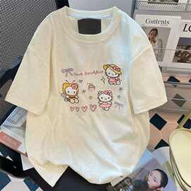 批发女童彩点棉印花T恤夏季卡通早餐主题短袖甜美风儿童休闲上衣