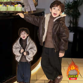 男童加绒皮衣外套秋冬季痞帅儿童双面穿毛毛衣男孩加厚冬装PU夹克