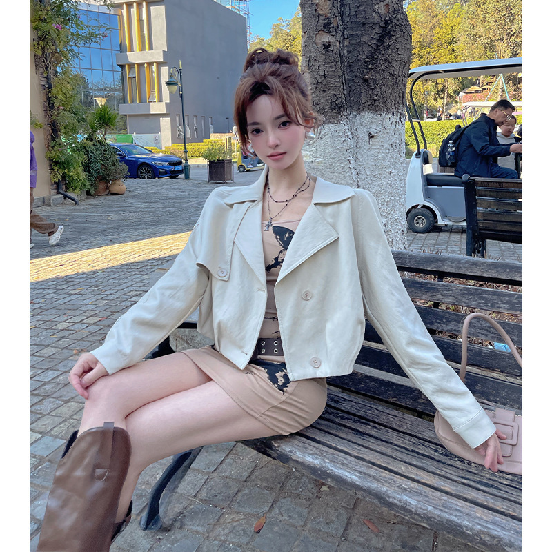 Khaki Short Lapel Leather Jacket for Women 2026 Spring New Korean Style Fashionable Versatile Pu Leather Jacket