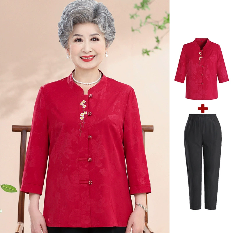 Праздничная летняя одежда для бабушек, рубашка из ледяного шелка, свадебное платье для женщин среднего и пожилого возраста, счастливая теща, красный топ