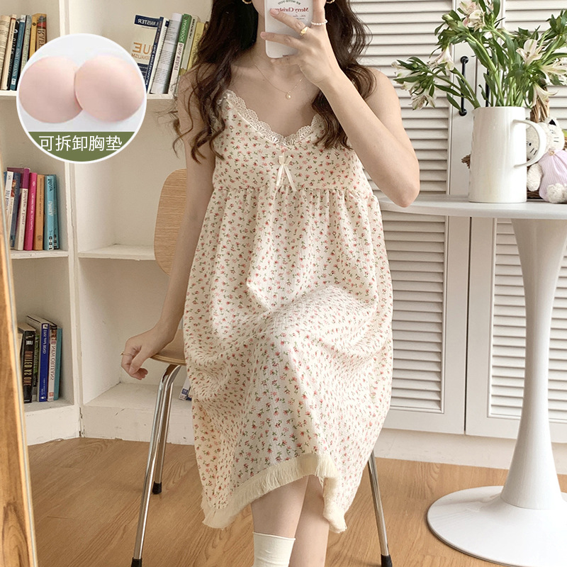 Verano desmontable Camisón con almohadilla en el pecho de las mujeres dulce lindo Sling tejido burbuja algodón vestir prendas exteriores homewear
