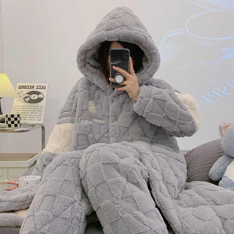 Pijamas de invierno de las mujeres acolchadas de tres capas engrosada caliente Chaqueta de algodón acolchado bolsillo lindo dulce ropa de abrigo homewear camisón