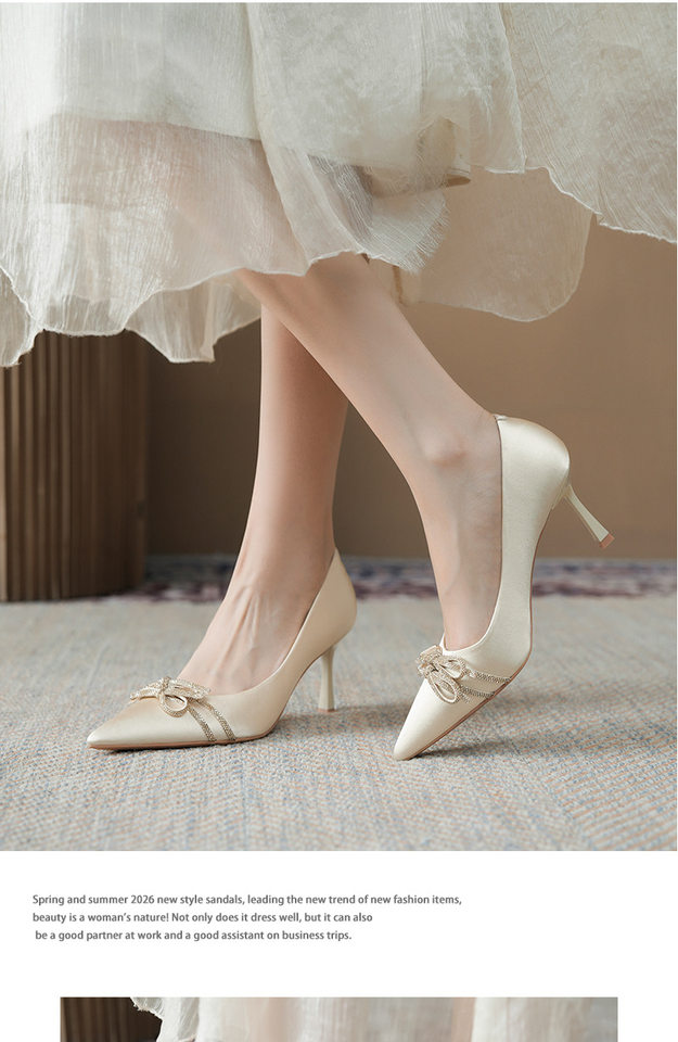 Giày cao gót nữ mũi nhọn gót mảnh đính nơ lụa satin và đá pha lê, gót 6–8 cm — Màu trắng ngà, màu đen chi tiết 6