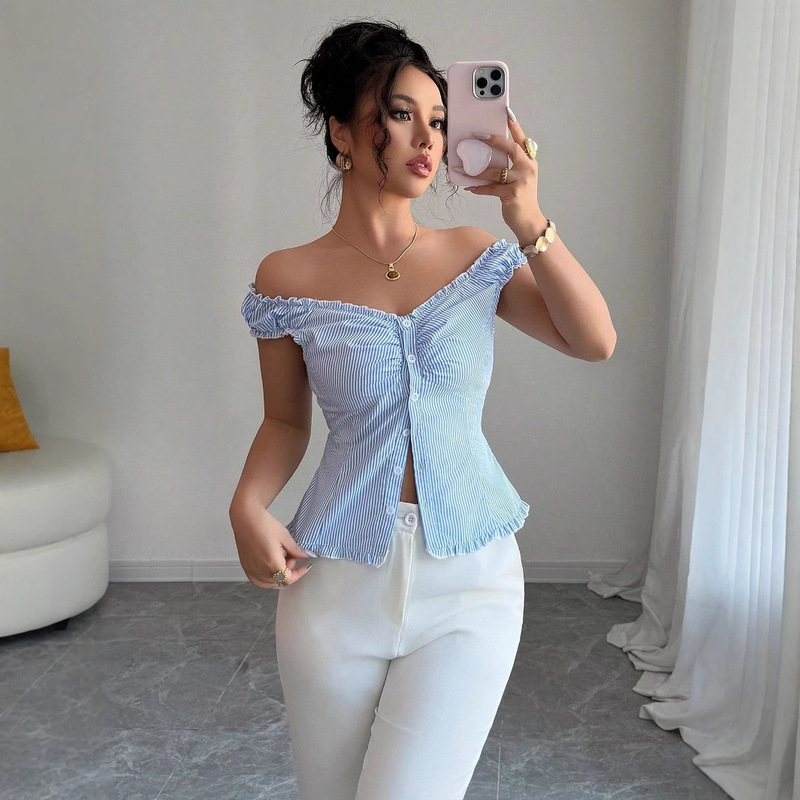 Striped Women's Top 2025 Summer Ruffled Sleeveless Sweet Style Ruffle Sleeve Design V-Neck Shirt with Lace Collar