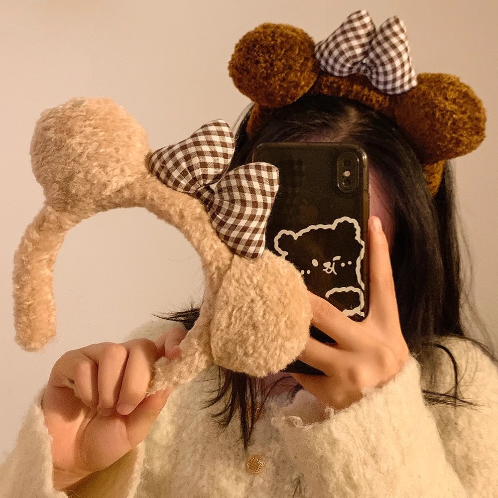 Cute bow bear ears plush headband female face wash hairy headband cartoon go out to take pictures hair accessories_voghion.com