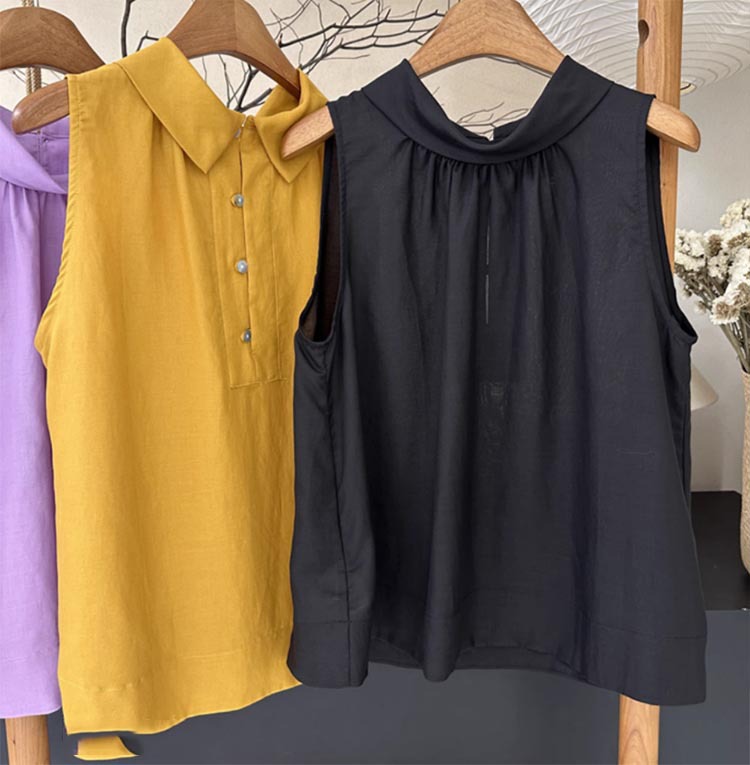 Áo hai dây vải lanh nữ buộc cổ, mặc hai mặt trước sau, không tay, phong cách cổ điển tôn dáng — Màu be, Màu đen, Màu xanh lá, Màu vàng chi tiết 5