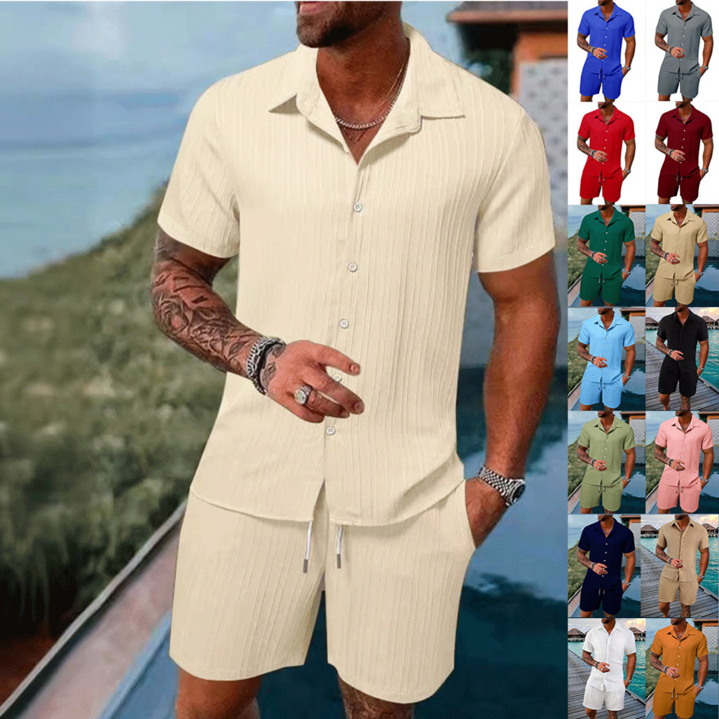 Aliexpress European and American Cross-Border Summer New Casual Outdoor Sports Loose Short-Sleeved Shorts Solid Color Suit Men's Clothing