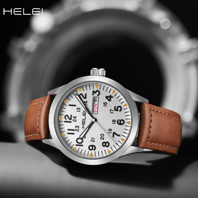New Brand HELEI Men's Watch Genuine Leather Waterproof Luminous Wrist Watch Quartz Watch Calendar Week Display_voghion.com
