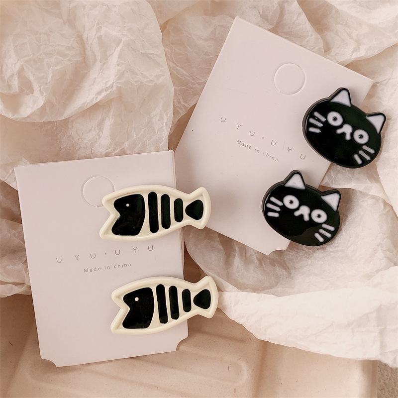 Blanco y negro gatito pequeño pez pequeño clip nicho nicho chica clip de frisa super lindo ins ventana lateral tarjeta de cabello de dibujos animados tocado mujer