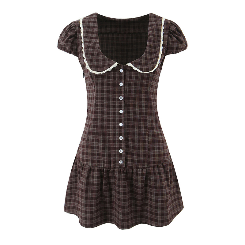 Pb&Za Cross-Border New Women's Clothing French Retro Plaid Doll Collar Puff Sleeve Single-Breasted Slim-Fit Dress
