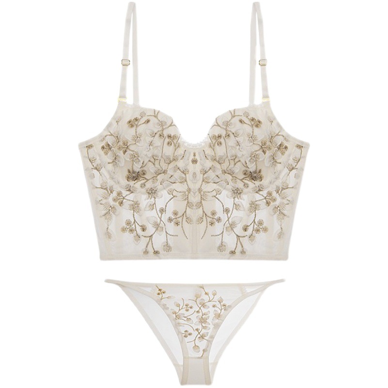 Comercio exterior estilo francés corte floral ropa interior inalámbrica delgada de encaje sexy bordado ocho pecho sujetador traje
