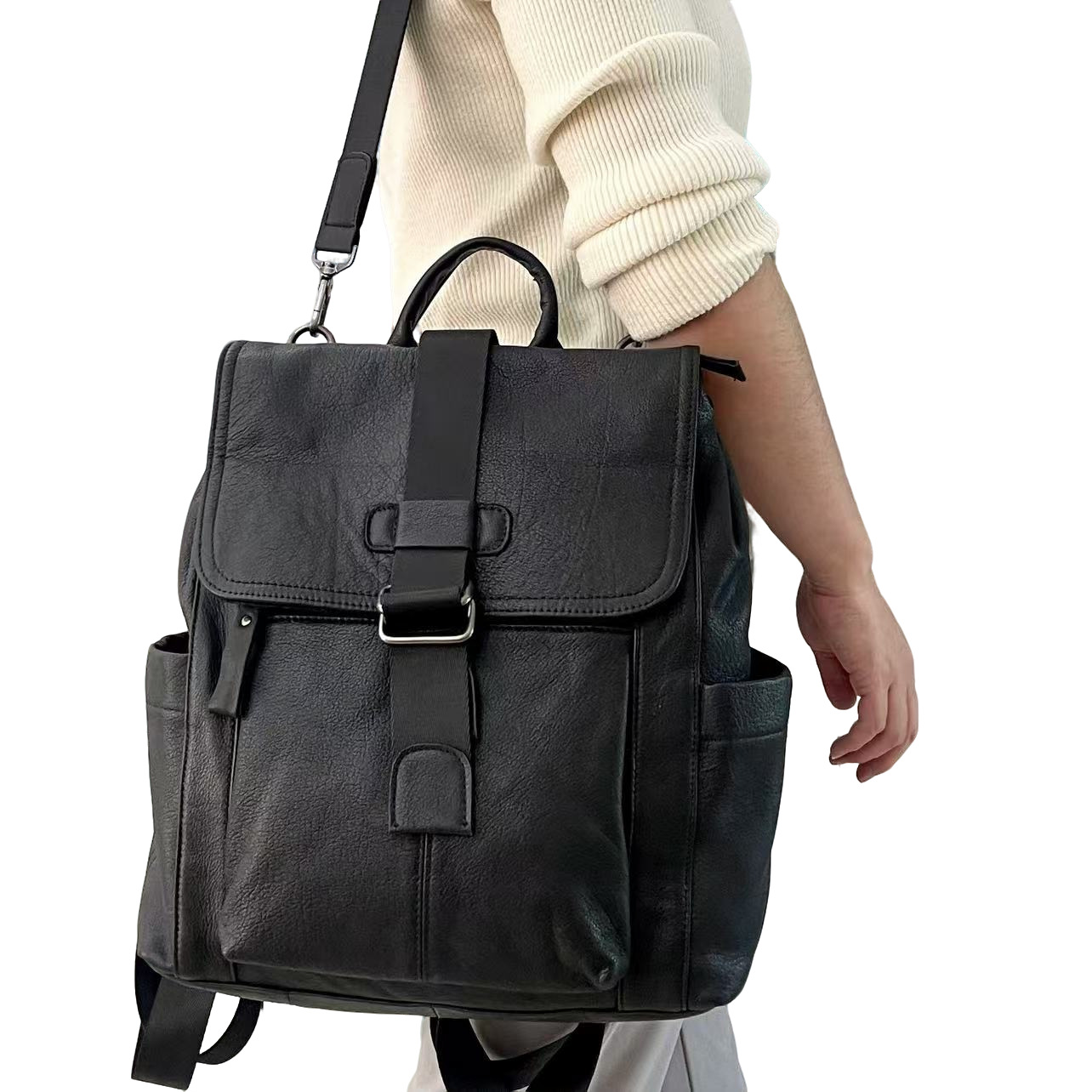 Leather Backpack, Fashionable Men's And Women's Backpack, Black Soft Cowhide Travel Backpack_voghion.com