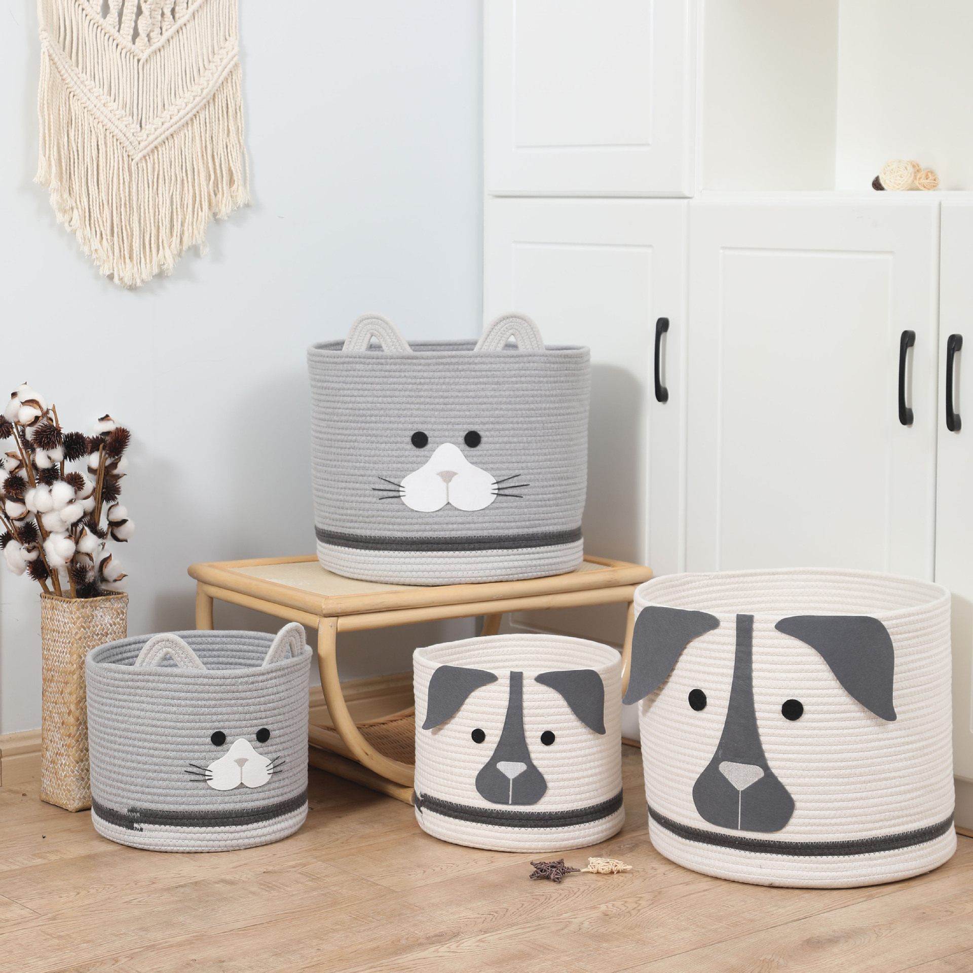 卡通棉繩編織收納筐兒童玩具雜物棉繩筐衣服整理髒衣籃收納籃