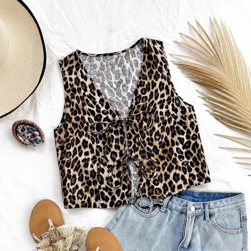 European and American Cross-Border Women's Leopard Print Summer Casual Fashion Vest for Outerwear, Amazon Style Tie-Up Vest