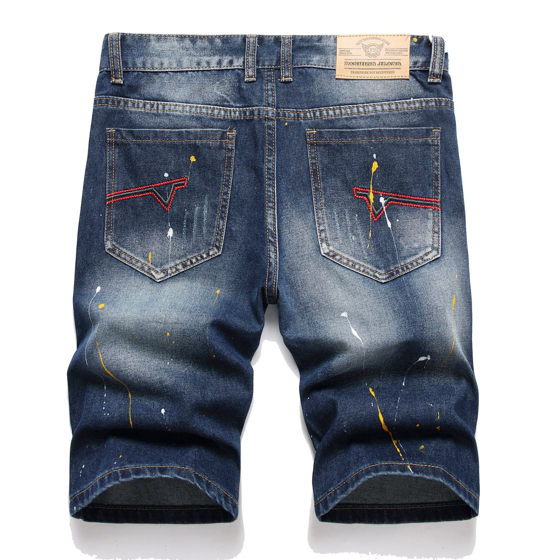 Men's Knee Rip Distressed Denim Shorts With Irregular Bleach Spots, Vintage Blue Washed Casual Summer Shorts For Jeans Lovers_viptrois.com