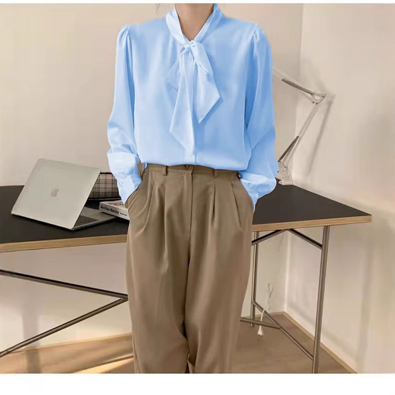 2025 Spring and Autumn Bow Tie Blue Long Sleeve Women's Shirt Professional Style Women's Top High-End Tie-Up Trendy Shirt