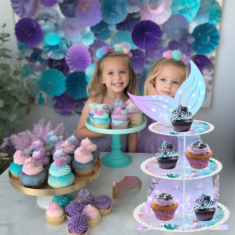 Sirena tema capa de dibujos animados pastel de cumpleaños suministros desechables mesa de pastel de tres capas