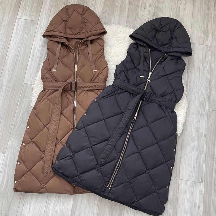 European High-End Vest down Jacket for Women, Mid-Length, Waist-Cinching, Slim-Fit, Lace-Up, White Duck Down, Hooded, Diamond-Patterned, Thickened for Winter