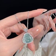 ティチ実拍S925純銀藍水翡翠仏公ネックレス女軽豪華高級感弥勒仏鎖首鎖