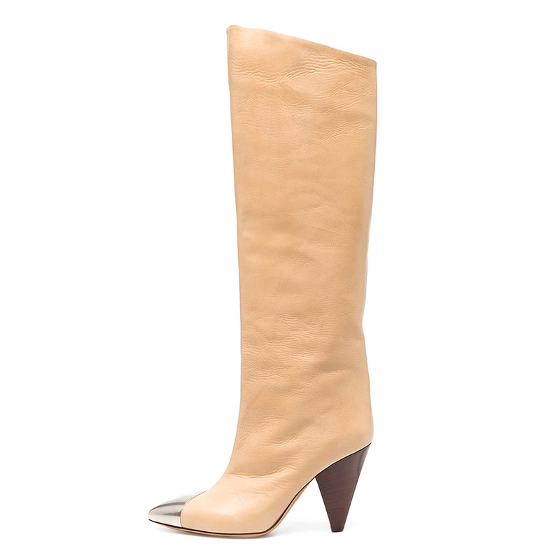 2026 New Style High-Heeled Pointed Toe Iron-Toe Slip-On European and American Casual Cross-Border Large Size Knee-High Boots with Slanted Cut for Women 2026 New Style High-Heeled Pointed Toe Iron-Toe Slip-On European and American Casual Cross-Border Large Size Knee-High Boots with Slanted Cut for Women