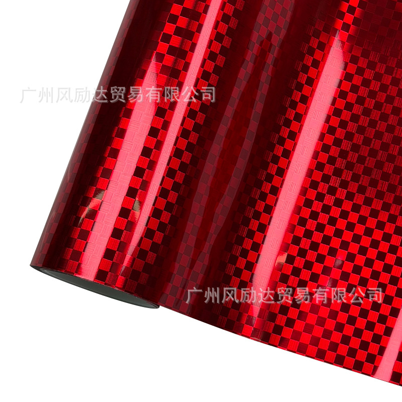 Cross-Border New Product Pet Forged High-Gloss Checkered Pattern Electroplated Metal Red Carbon Fiber Sticker Interior Rearview Mirror Film