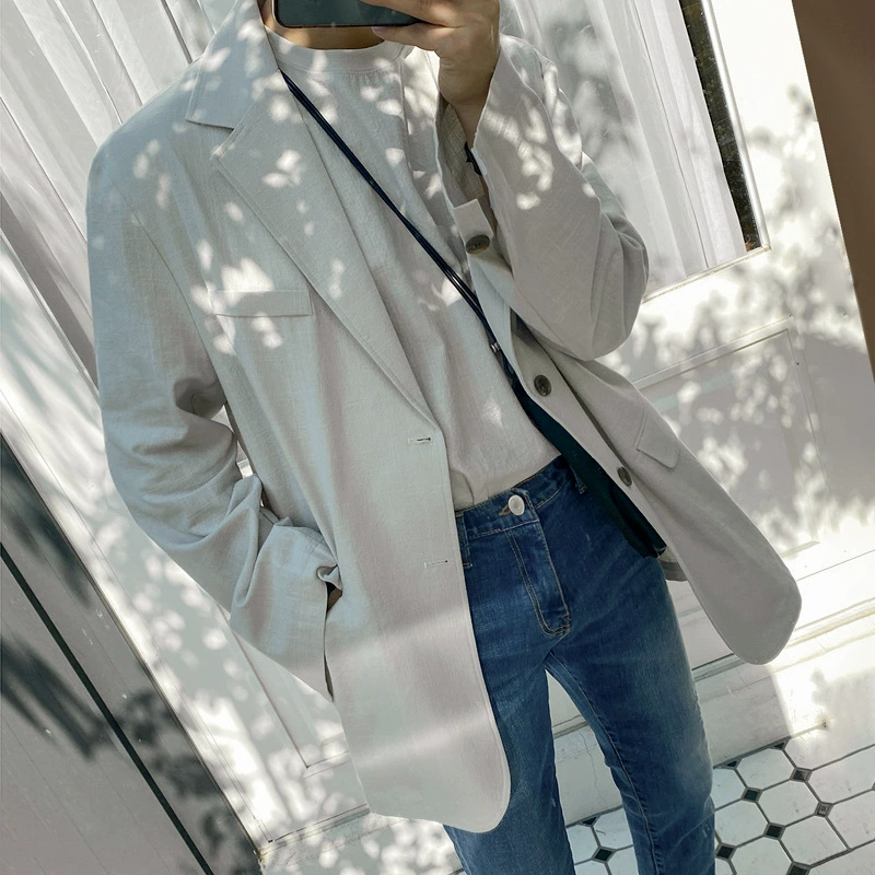 Осенний маленький костюм MYQ, мужской одиночный костюм, льняной Тонкий Повседневный высококачественный костюм с длинным рукавом, куртка из хлопка и льна