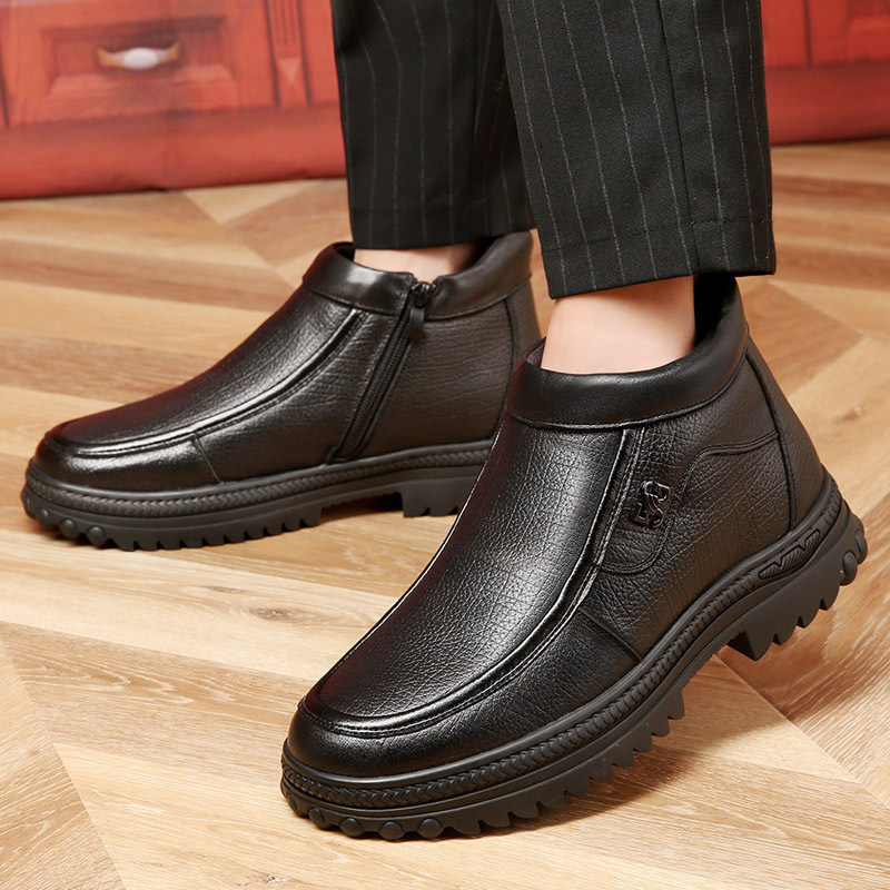 Zapatos de algodón para hombres de lana de invierno de primera capa de piel de vaca zapatos de cuero genuino cálido forrado de vellón zapatos de cuero del noreste de mediana edad y ancianos zapatos de hombre suaves