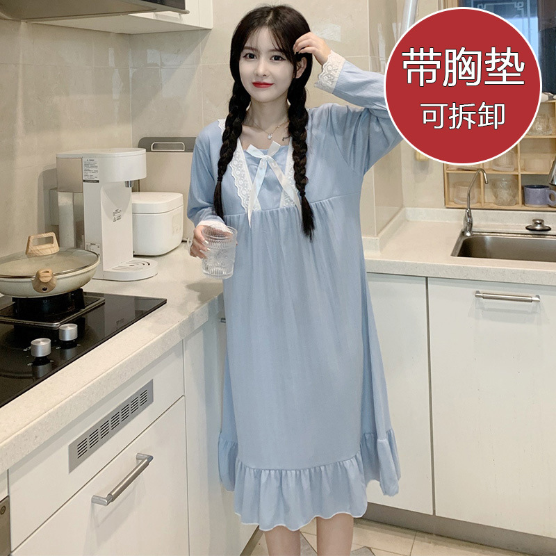 2024 pijama de otoño delgado de manga larga de punto de algodón cojín de pecho pijama encaje dulce de pijama ropa para el hogar