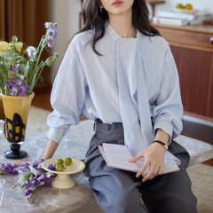 蓝色飘带落肩条纹长袖天丝衬衫女秋季法式复古气质上衣