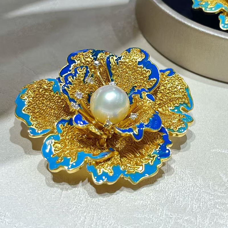 DIY Accessories Retro Chinese Style Peony Flower Brooch for Women Enamel Painted Fashion Versatile Pin Pearl Brooch Base