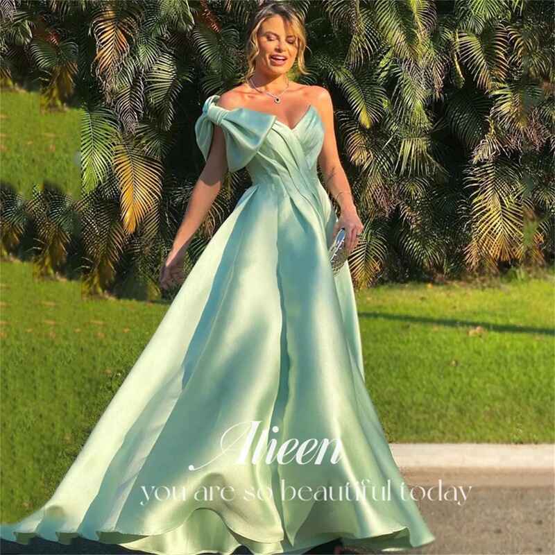 One Shoulder New Special Occasion Dresses Ladies Luxury Evening Dress Brand Big Bow Green Satin
