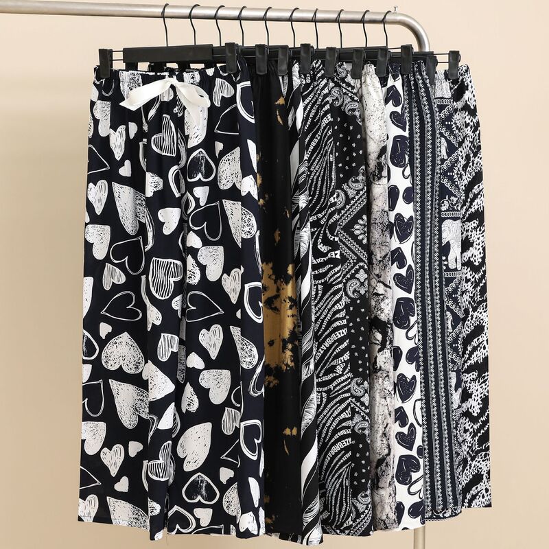 Cotton Silk Pajama Pants Women's Summer Thin Black and White Cartoon Style Wide Leg Pants Large Size Loose Outer Wearing Foreign Trade Beach Pants