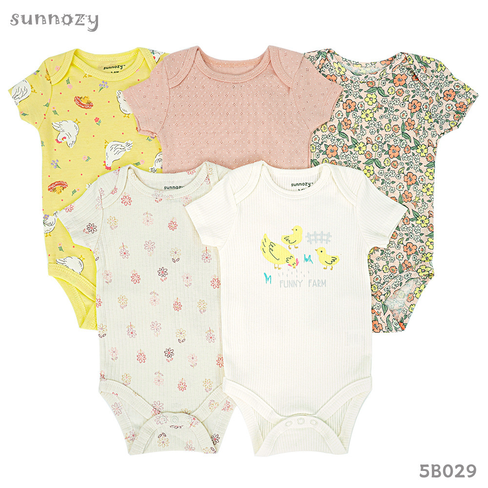 Conjunto de cinco piezas de algodón puro para bebé, mono de verano de manga corta Clase A, embalaje en inglés Sunnozy.