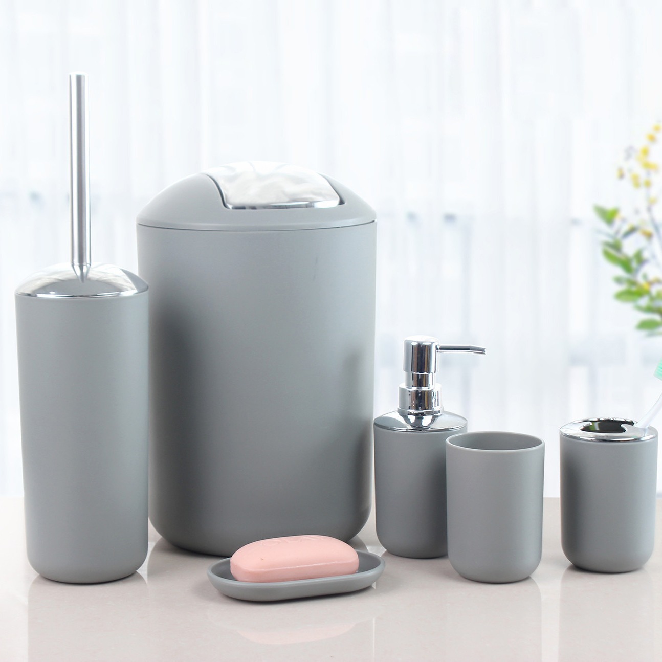 Baño personalizado bote de basura, cepillo de baño, estante de jabón, taza de cepillo de dientes, estante para paletas, kit de baño, baño de hotel, juego de seis piezas