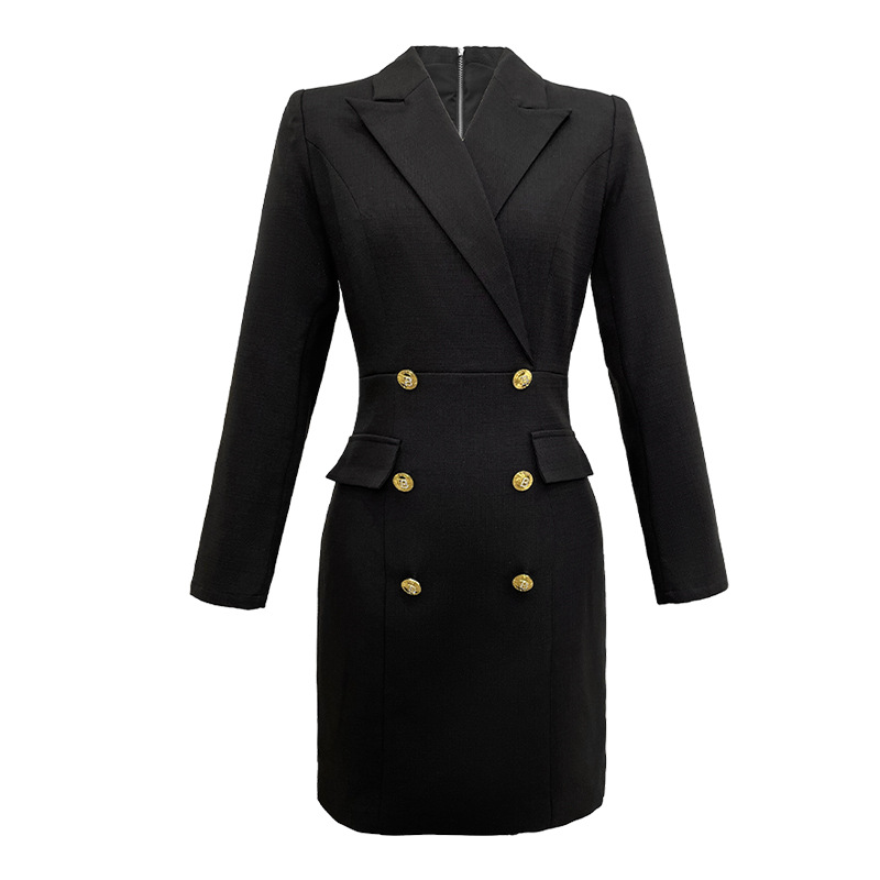 Đầm blazer nữ công sở kiểu dáng thời trang Pháp, tay dài, cổ ve — Màu đen