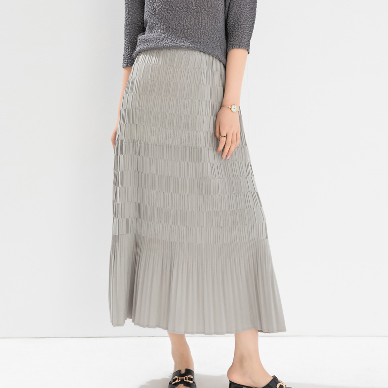 Pleated Skirt for Women, Spring New Style 2025, Fashionable and Versatile, Solid Color, Handmade Pleats, Elastic Waist, Drapey A-Line Skirt