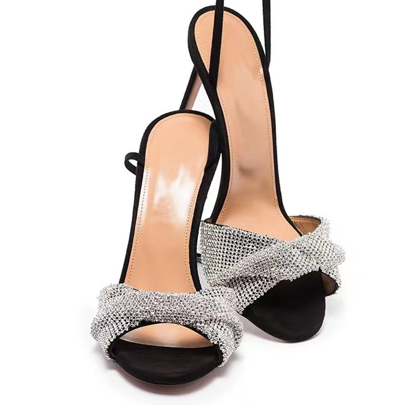 Cross-border Europe and the United States new silver rhinestone fashion cross with thin heel sexy open toe round toe sandals with heel shoes
