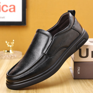 Casual leather shoes men's 2024 autumn round soft leather men's shoes lazy pedal casual dad shoes tide a generation of hair