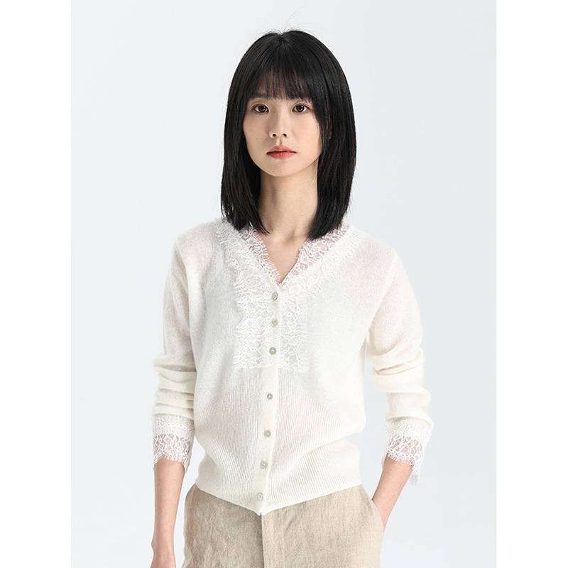 25早秋重磅 法式高阶丝羊绒V领长袖针织开衫女蕾丝拼接设计感上衣