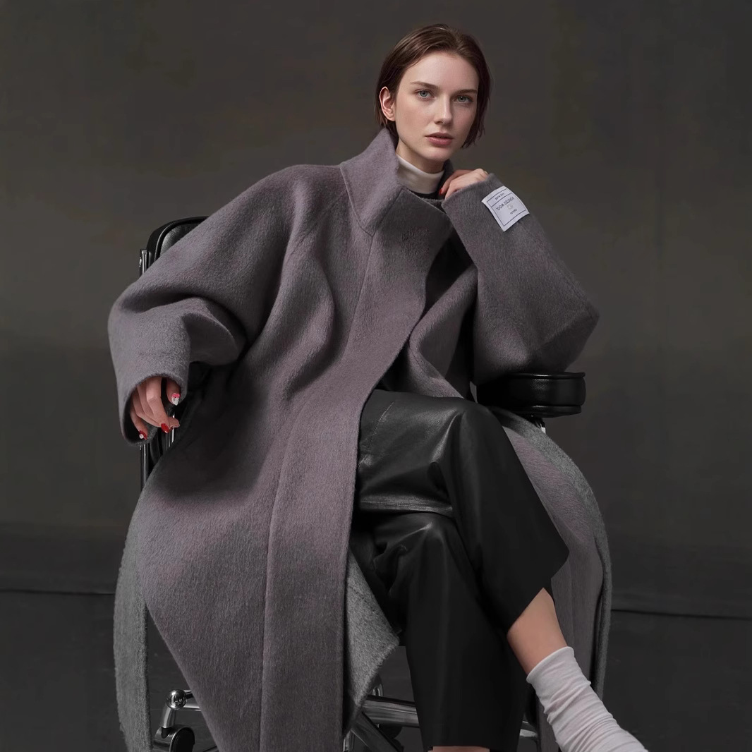 撞色双色立体剪裁大衣女毛呢外套直筒大衣秋冬新款24A0345