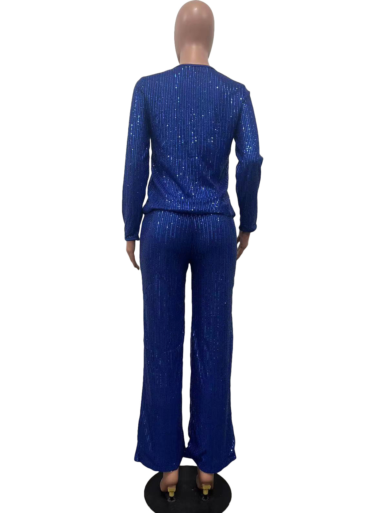 Women's Clothing new sequined solid color long sleeved trousers two piece set_voghion.com